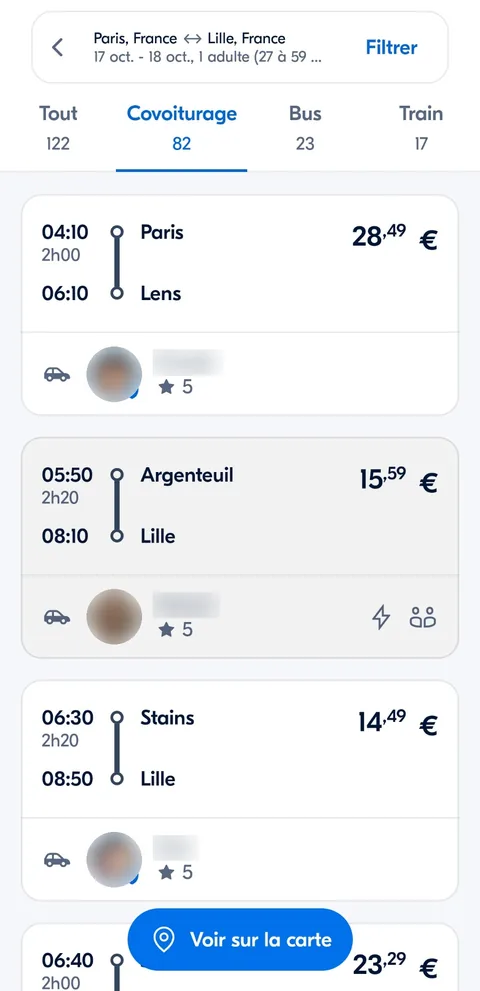 Application BlaBlaCar, résultats de covoiturage, de bus et de train