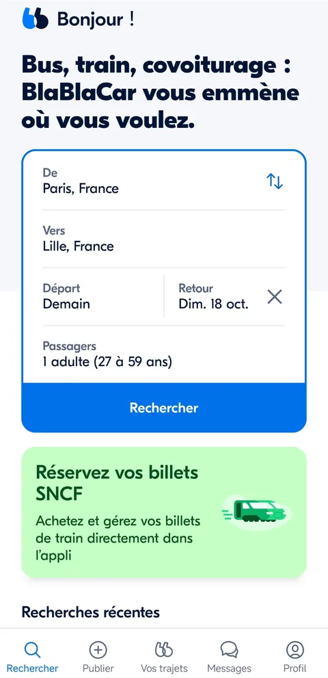 Application BlaBlaCar, recherche d&rsquo;un trajet Paris → Lille