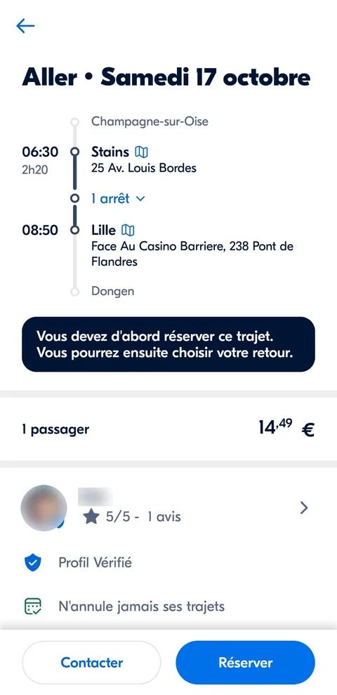 Application BlaBlaCar, détail d&rsquo;un trajet avant la réservation