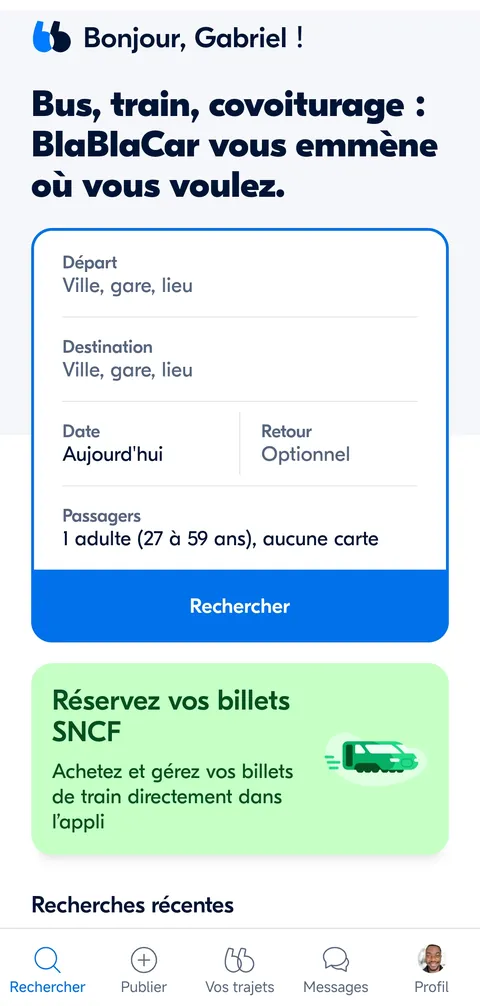 Application BlaBlaCar, écran de recherche